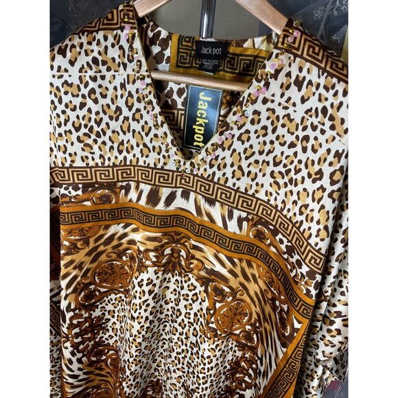 Jackpot NWT Brown Animal Print Decorated V Neck Kaftan - Picture 2 of 8